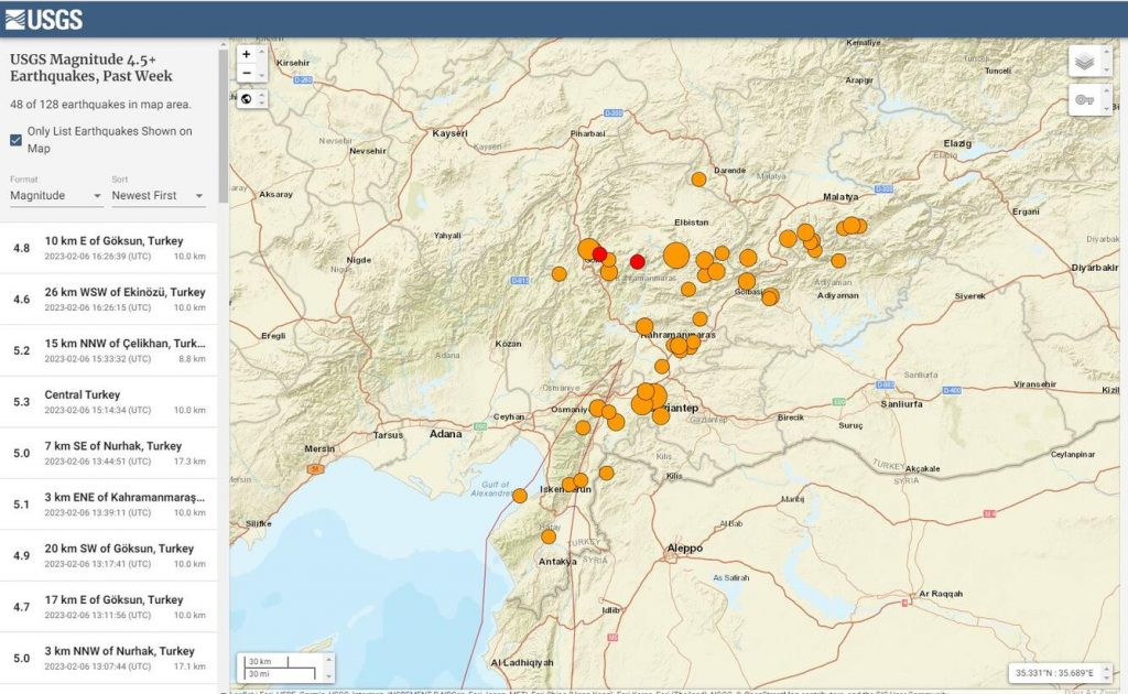 Carte de l'USGS montrant les différentes localisations et grandeurs des séismes