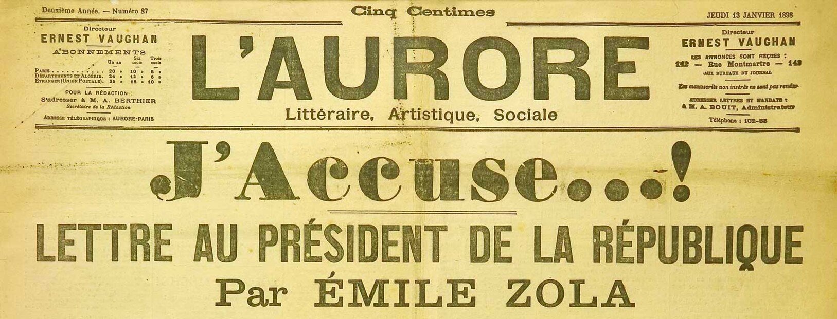 Le célèbre « J’accuse » d’Émile Zola du 13 décembre 1898, sous fond de laïcité